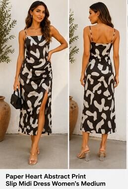 Paper Heart Brown & Ivory Abstract Satin Slip Midi Dress Women's Medium Ruched